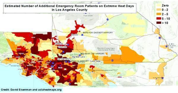 A new online tool from UCLA maps out how emergency room visits disproportionately spike across Southern California communities on abnormally hot days. (Graphic by Kurt Snibbe, SCNG)