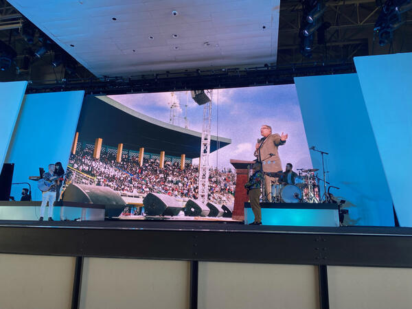 An image of Pastor Rick Warren giving a sermon at...