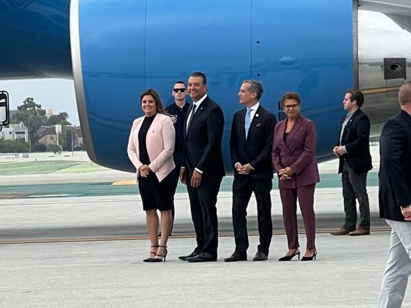 President Joe Biden landed in L.A. on Wednesday, Oct. 12, for a two-day swing through Southern California. On the tarmac to greet him included Sen. Alex Padilla, L.A. Mayor Eric Garcetti and Rep. Karen Bass. (Photo by Kristy Hutchings).